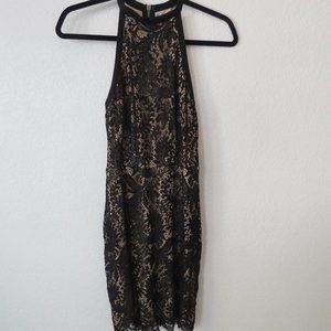 Black Lace Overlay Tan Bodycon Halter Mini Dress